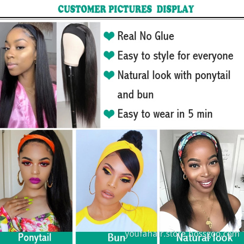 Cheap 10A Virgin Human Hair Straight Wigs Machine Made None Lace Headband Remy Hair Wig Brazilian Natural Color Human Hair Wigs